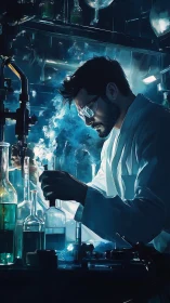 Midnight chemist immersed in glowing blue laboratory haze.