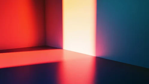 Minimalist room with bold red blue gradient light beam.