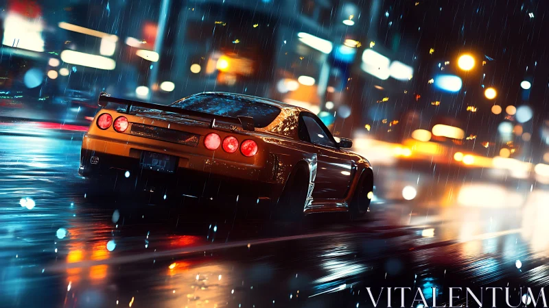 Neon-soaked sports car in dynamic rainy night streetscape.