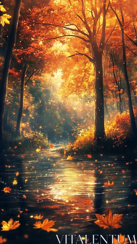 Autumn Stream Through Golden Forest Canopy.