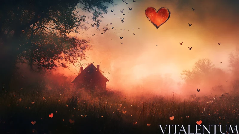 House in Misty Field at Sunset with Red Hearts.