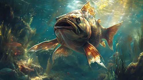 Titan trout glides through sun-splintered underwater cathedrals