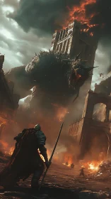 Knight defies colossal dragon amid burning towered citadel.