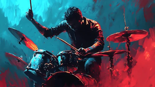 Dynamic drummer framed in dual-tone abstract lighting.