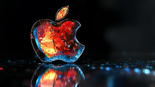 Luminous crystal apple emblem blazing in neon night hush.