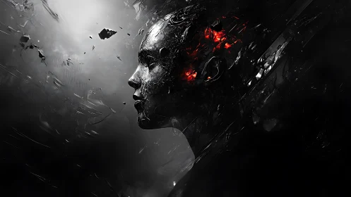 Shattered cybernetic profile glows with inner red embers.