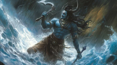Storm-sculpted blue deity strides through roaring ocean fury.
