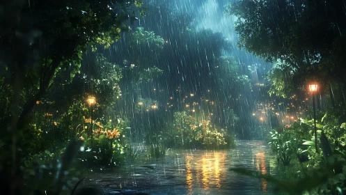 Rain-soaked forest path glows under warm lantern light.