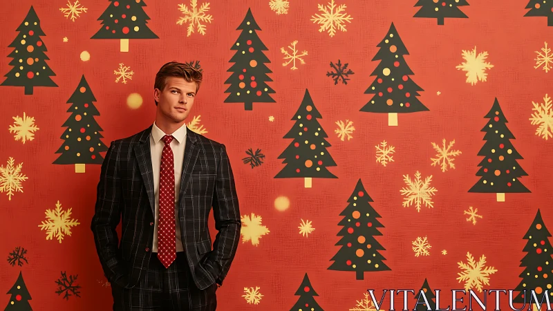 Businessman stands before festive Christmas tree backdrop