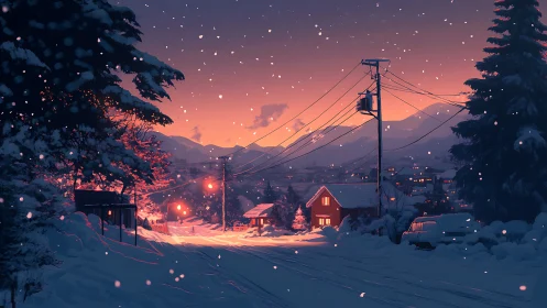 Snowy small town street at sunset with glowing houses.