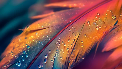 Iridescent macro feather with dewdrops in vibrant bokeh light.