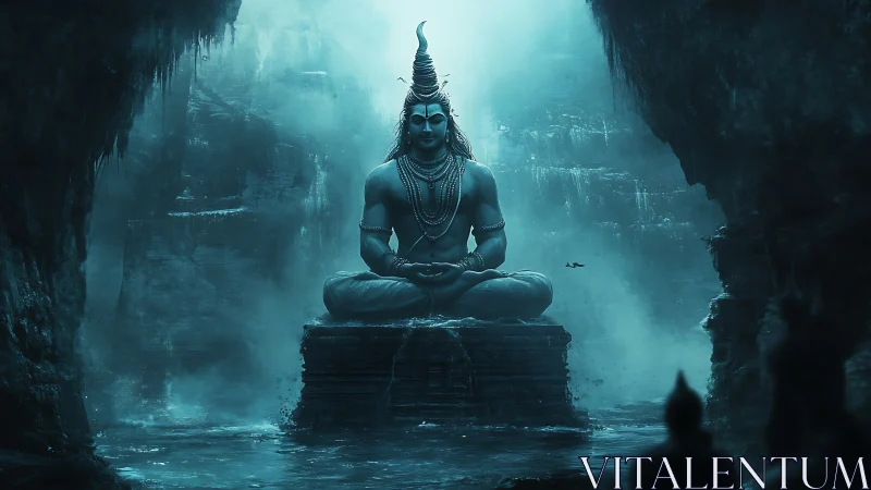 Mystic cave deity seated in tranquil cyan misted depths.