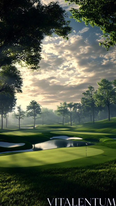 Sunlit golf green and reflective water hazard under cumulus sky