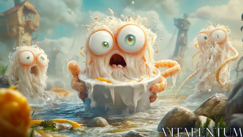Noodle-eyed marshmallow critters scream in dreamy soupscape.
