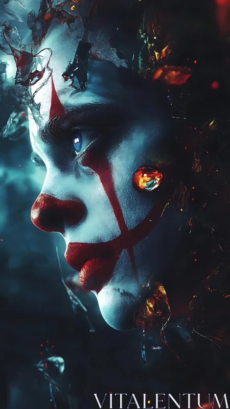 Cinematic clown portrait merges glass shards and neon light