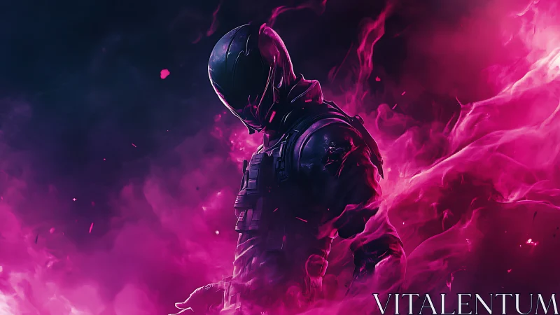 Armored sci fi soldier stands in glowing pink smoke cloud.