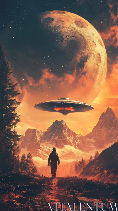 Solitary explorer confronts hovering UFO beneath colossal moon.
