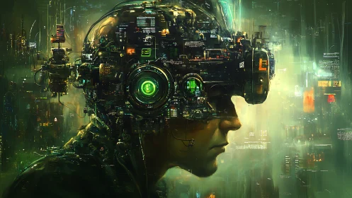 Neon dream-diver wired into a humming cybernetic skyline.