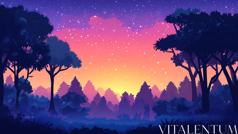 Layered Forest Silhouettes with Chromatic Gradient Sky Transitioning Through Spectral Zones