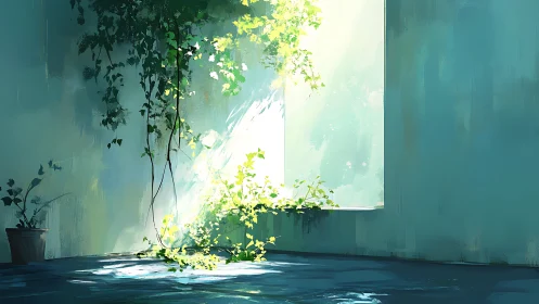 Sunlit vines spill into a quiet teal-washed room.