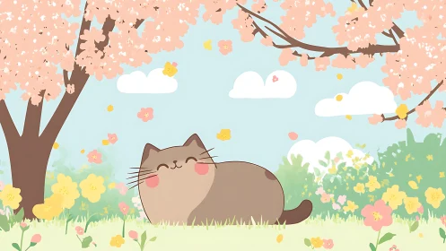 Portly Feline Character Resting in Colorful Spring Landscape with Sakura Blossoms