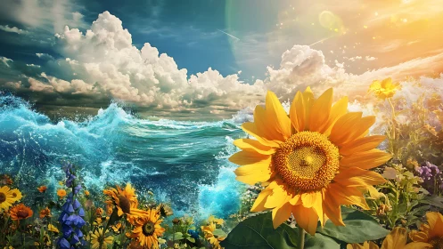 Sunflowers blaze against turquoise storm waves and radiant sky