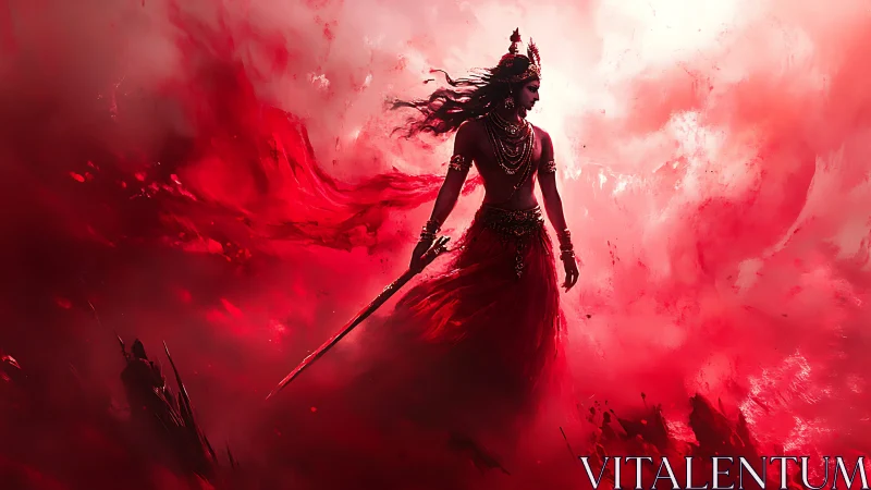 Warrior goddess strides through crimson storm clouds.