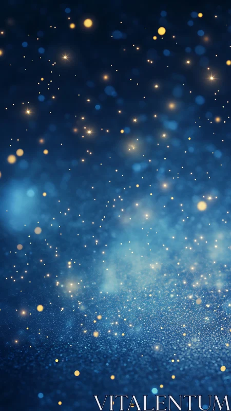 Blue background shows scattered glowing bokeh light particles