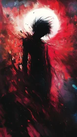 Silhouetted figure dissolves inside violent crimson eclipse