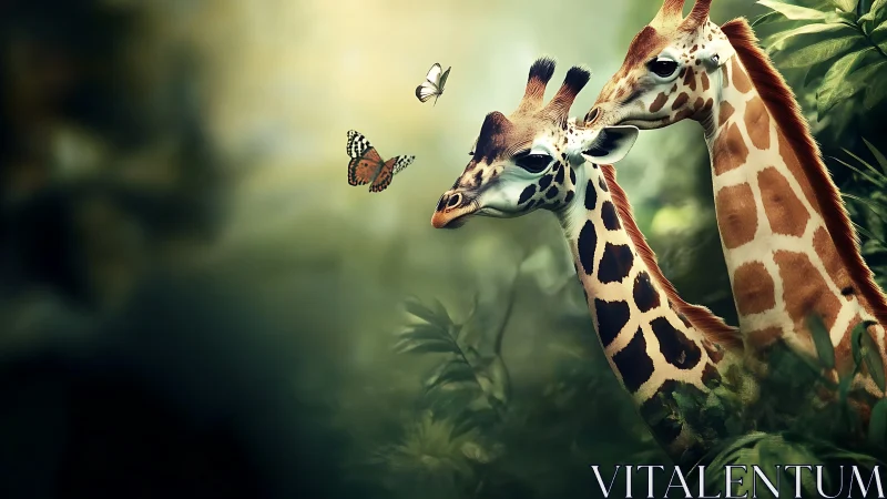 Curious young giraffes observing butterflies in jungle light.