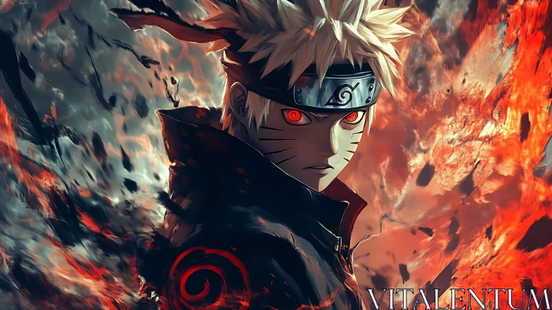 Blond anime ninja with glowing eyes amid swirling flames.