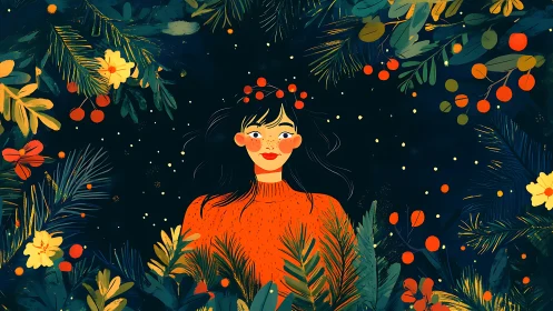 Woman in red sweater framed by lush winter foliage.