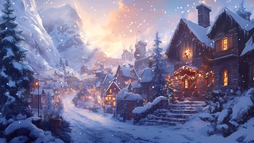 Snowy village glow beneath a dreamy winter sunset sky.