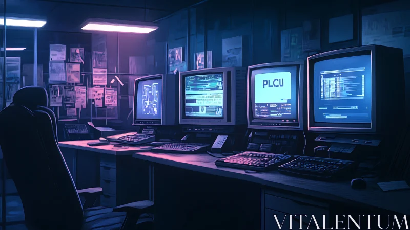 Dimly lit control room with multiple retro computer monitors.