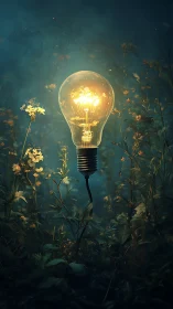 Illuminated light bulb suspended over dense forest plants.