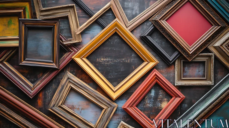 Empty assorted picture frames arranged on rustic wall surface.