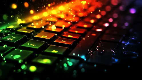 Chromatic droplets cascading over neon backlit keyboard.