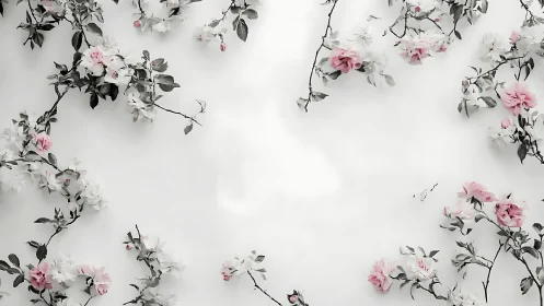 Botanical Symphony: Pink & White Roses Dance Across Minimalist Canvas.