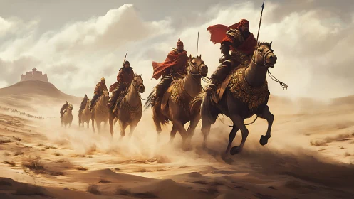 Desert cavalry column charging toward distant hill fortress