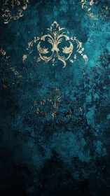 Aged teal stucco wall shows distressed gold baroque damask motifs