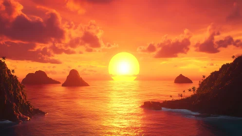 Radiant equatorial sunset over stratified volcanic islets.