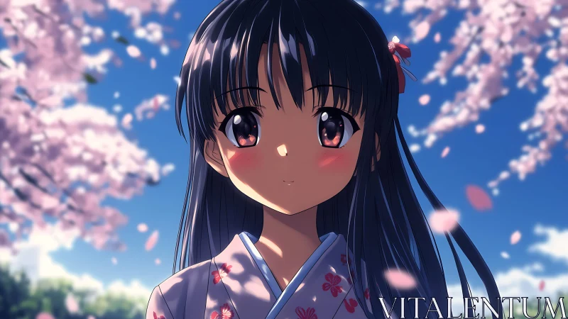 Anime portrait under sakura canopy with shallow depth of field.