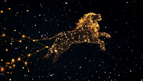 Golden Leo constellation lion outlined in starry night sky.