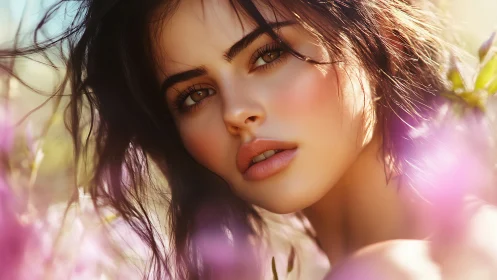 Soft-focus portrait of young woman in spring blooms.