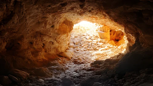 Sunlit cave doorway leading gently into the warm desert.