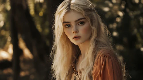 Softly lit blonde portrait applies shallow depth and warm tones