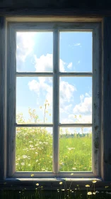 Sunlit meadow framed through rustic cottage window.