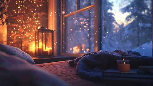 Warm candlelit bedroom contrasts with snowy twilight exterior