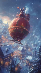 Snowy village with red flying sleigh airship at night.