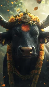 Sacred black buffalo wears marigold garlands in forest light.